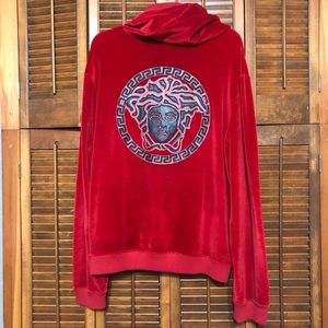Versace Leather Medusa Appliqué Red Velvet Sweater
